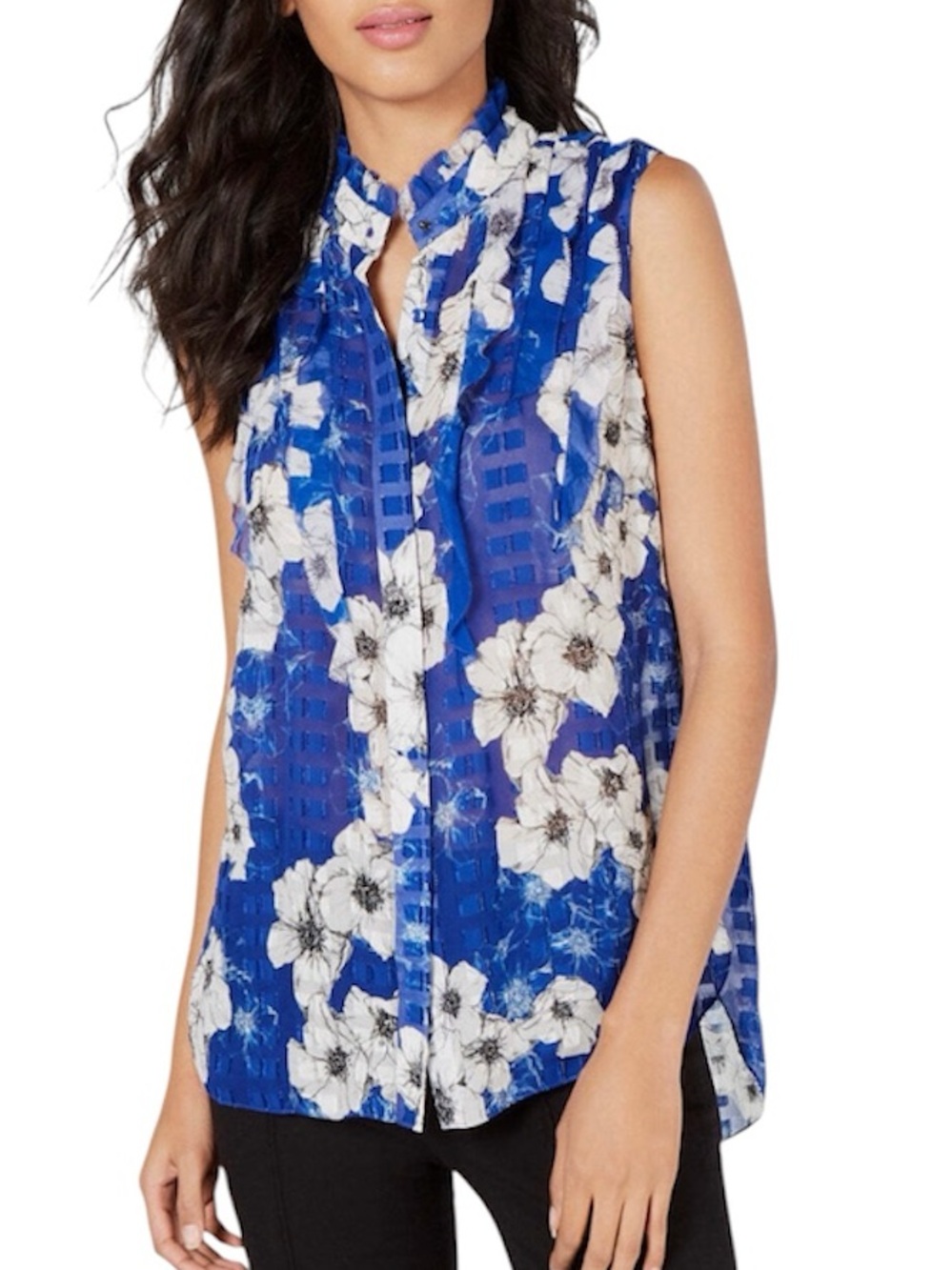 Elie Tahari Trixie Sleeveless Blue Ruffled Blouse Size XL